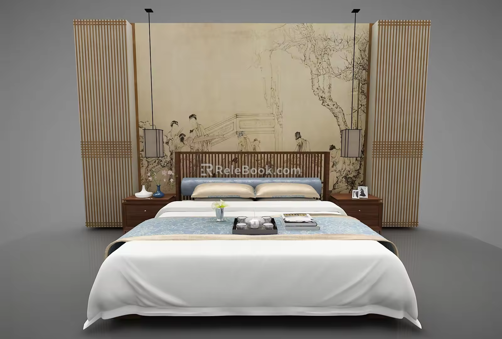 New Chinese background double bed 3d model