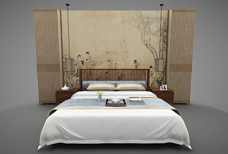 New Chinese background double bed 3d model