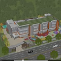 Modern School Building Exterior Surrounded By Trees With Green Roof And Colorful Play Area