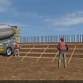 Construction Site With Concrete Mixer Truck Workers In Hard Hats And Orange Vests Constructing Formwork