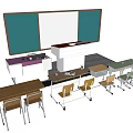 Classroom Desks With Chairs Front Podium And Blackboard Setup 3d model