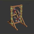 Sturdy Wooden Frame Mechanical Device With Spoked Wheel And Support Legs