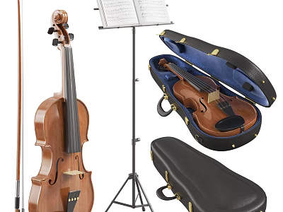 Violin Instrument Set With Music Stand Case Bow And Black Stool 3d model