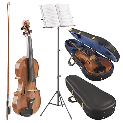 Violin Instrument Set With Music Stand Case Bow And Black Stool 3d model