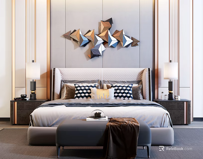 Elegant Modern Bedroom Interior With Double Bed Upholstered Headboard Nightstands And Geometric Wall Decor 3d model 