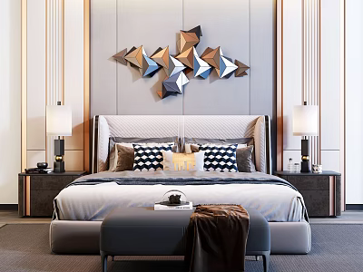 Elegant Modern Bedroom Interior With Double Bed Upholstered Headboard Nightstands And Geometric Wall Decor 3d model
