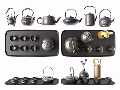 Complete Tea Set with Various Teapots Cups and Serving Trays for Home Use 3d model