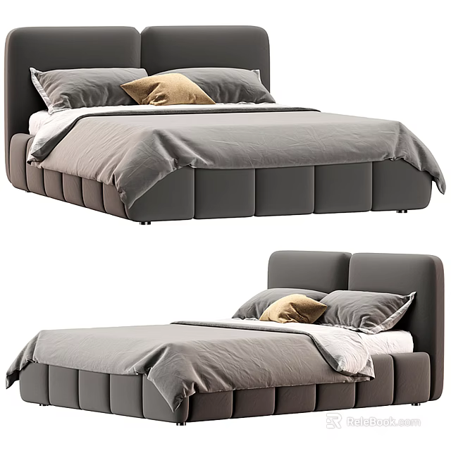 Modern Double Bed With Gray Upholstered Headboard Beige Pillow And White Sheets 3d model