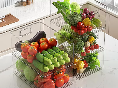 Fresh Vegetables Stored in Transparent Storage Boxes on Kitchen Countertop Organizer 3d model