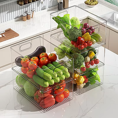 Fresh Vegetables Stored in Transparent Storage Boxes on Kitchen Countertop Organizer 3d model