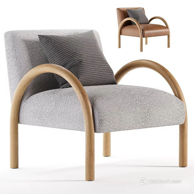 Modern Accent Chair With Light Gray Fabric Wooden Curved Armrests And Gray Cushion 3d model 