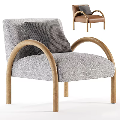 Modern Accent Chair With Light Gray Fabric Wooden Curved Armrests And Gray Cushion 3d model