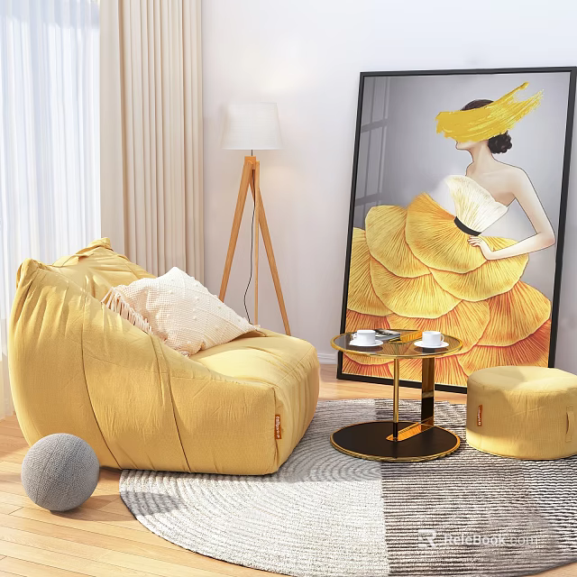 Yellow Casual Sofa Set With Bean Bag Sofa Ottoman Small Coffee Table And Wall Art 3d model 