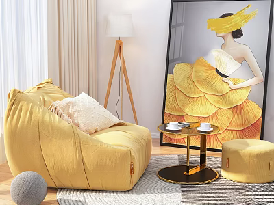 Yellow Casual Sofa Set With Bean Bag Sofa Ottoman Small Coffee Table And Wall Art 3d model