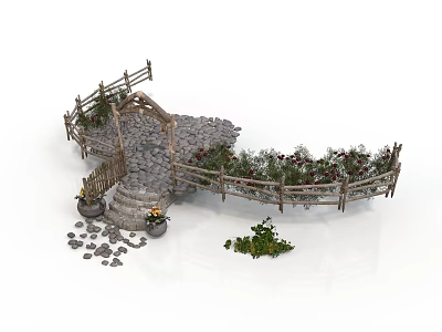Architectural Garden Scene With Stone-Paved Path Wooden Fence Arched Gate And Flower Bushes 3d model