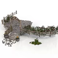 Architectural Garden Scene With Stone-Paved Path Wooden Fence Arched Gate And Flower Bushes