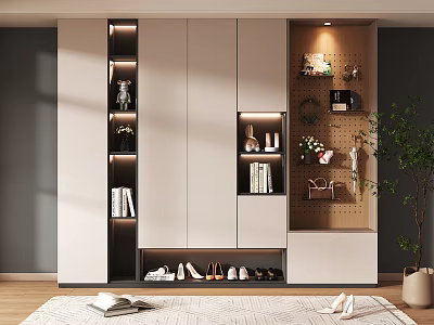 Modern Shoe Cabinet Interior Design With Layered Storage Built-in Lights Shoes And Decorations 3d model