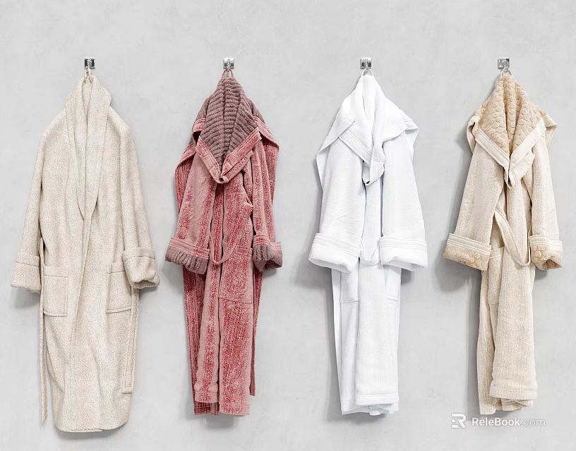 Four Soft Hooded Terry Robes In Different Colors Hanging On Wall Hooks 3d model 