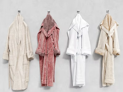 Four Soft Hooded Terry Robes In Different Colors Hanging On Wall Hooks 3d model