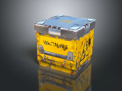 Yellow Metal Crate With Warning Label And Hazard Symbol Worn Surface 3d model