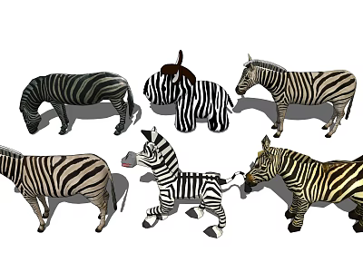 Collection Of Zebra Toy Figures In Different Poses With Black White Stripes 3d model
