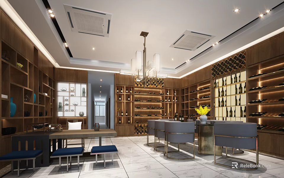 Elegant Modern Liquor Store Interior With Wooden Wine Racks Displayed Bottles And Chandelier Lighting 3d model 