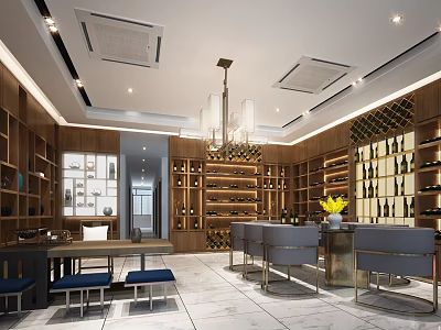 Elegant Modern Liquor Store Interior With Wooden Wine Racks Displayed Bottles And Chandelier Lighting 3d model