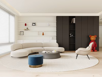 Modern Living Room Interior With Beige Sofa Round Rug Blue Ottoman And Black Bookshelf 3d model