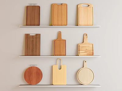 Wooden Cutting Boards on White Shelves with Various Shapes and Sizes 3d model
