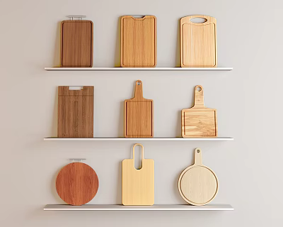 Wooden Cutting Boards on White Shelves with Various Shapes and Sizes 3d model