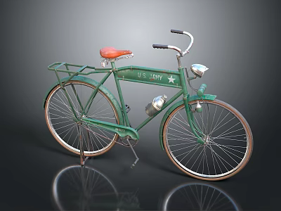 Vintage Green Bicycle With Red Seat Headlight Rear Rack And US Army Star Logo 3d model