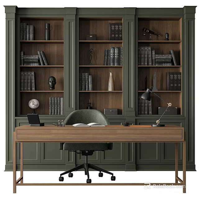 Green Wooden Bookcase With Open Shelves Books Globe Sculpture Desk Lamp And Chair 3d model 
