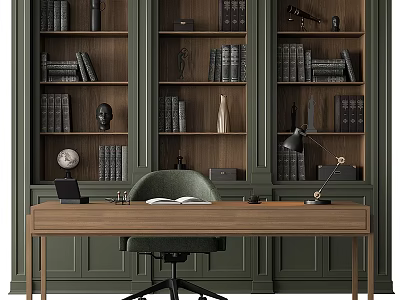 Green Wooden Bookcase With Open Shelves Books Globe Sculpture Desk Lamp And Chair 3d model