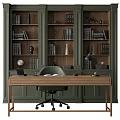 Green Wooden Bookcase With Open Shelves Books Globe Sculpture Desk Lamp And Chair