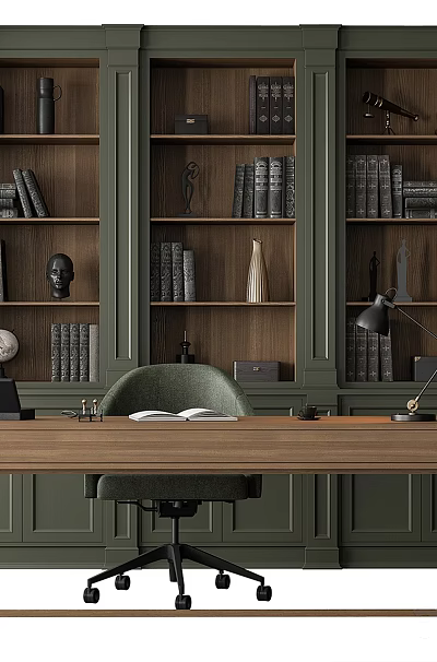 Green Wooden Bookcase With Open Shelves Books Globe Sculpture Desk Lamp And Chair 3d model
