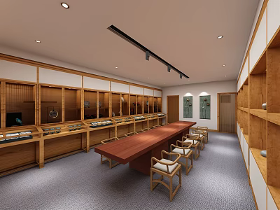 Elegant Tea House Interior With Long Wooden Table And Display Cabinets 3d model