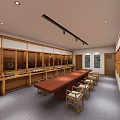 Elegant Tea House Interior With Long Wooden Table And Display Cabinets