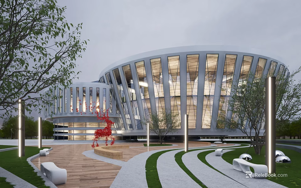 Modern Circular Office Building With Glass Curtain Wall Red Sculpture Landscaping And Lighting 3d model 