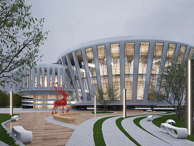 Modern Circular Office Building With Glass Curtain Wall Red Sculpture Landscaping And Lighting 3d model
