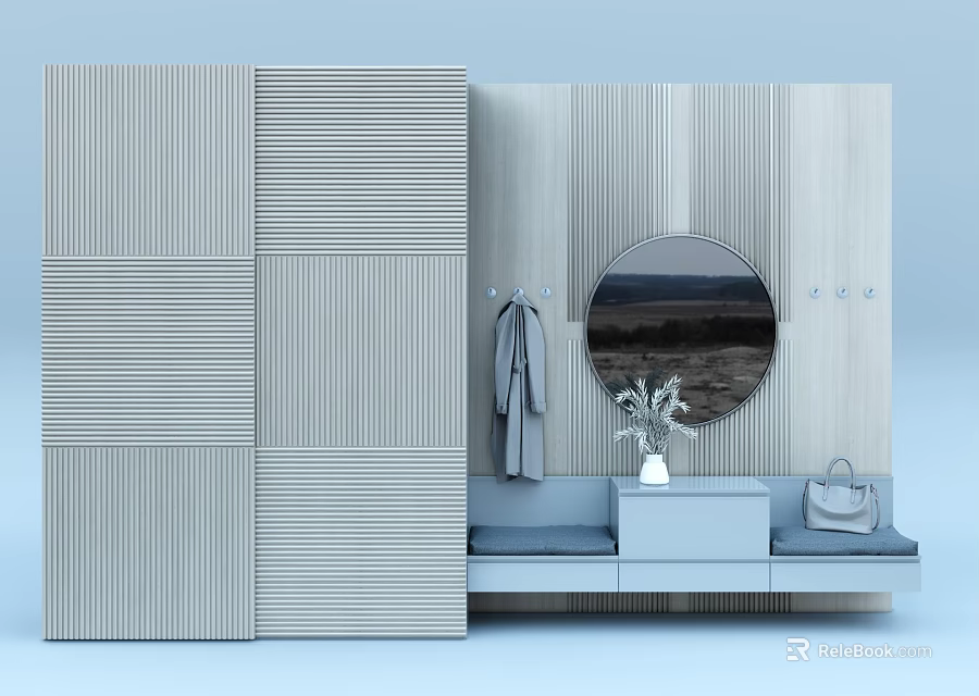 Modern Striped Wardrobe Interior With Round Mirror Coat Hooks Bench And Vase 3d model