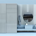 Modern Striped Wardrobe Interior With Round Mirror Coat Hooks Bench And Vase 3d model