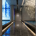 Elegant SPA Sauna Interior With Blue Water Curtain Wall Indoor Pool And Marble Steps