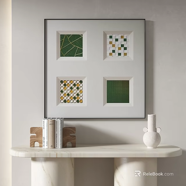 Four Panel Wall Art With Geometric Patterns Green Yellow White And Marble Table Decor 3d model