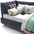 Kids Bed with Gray and Navy Headboards Colorful Bedding Cartoon Patterns Soft Pillows