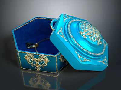 Ornate Blue Octagonal Box With Open Lid Golden Patterns And Velvet Interior 3d model