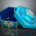 Ornate Blue Octagonal Box With Open Lid Golden Patterns And Velvet Interior
