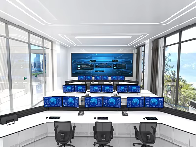 Modern Monitoring Room With Multiple Display Screens Control Console Office Chairs And Large Windows 3d model