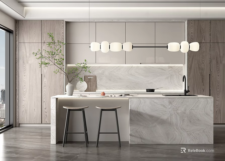 Modern Open Concept Kitchen Interior With Marble Island Hanging Lights And Wooden Cabinets 3d model 