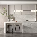 Modern Open Concept Kitchen Interior With Marble Island Hanging Lights And Wooden Cabinets