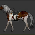 Realistic Brown And White Horse With Saddle And Bridle On Gray Background